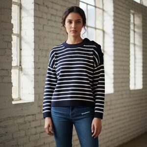 Maje Wool-Blend Navy & White Striped Sweater w/ Shoulder Buttons Old Money - S